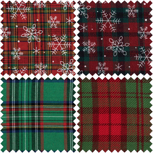 Fat Quarters: Printed Christmas Tartan: Greens: Bundle of 4