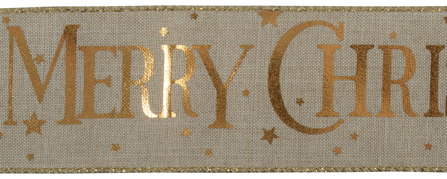 Christmas Premium Wire Edge Ribbon: Gold Merry Christmas
