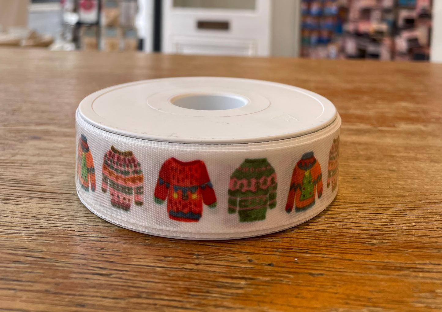 Christmas Ribbon: Christmas Jumpers: White and Multi: 1 Metre