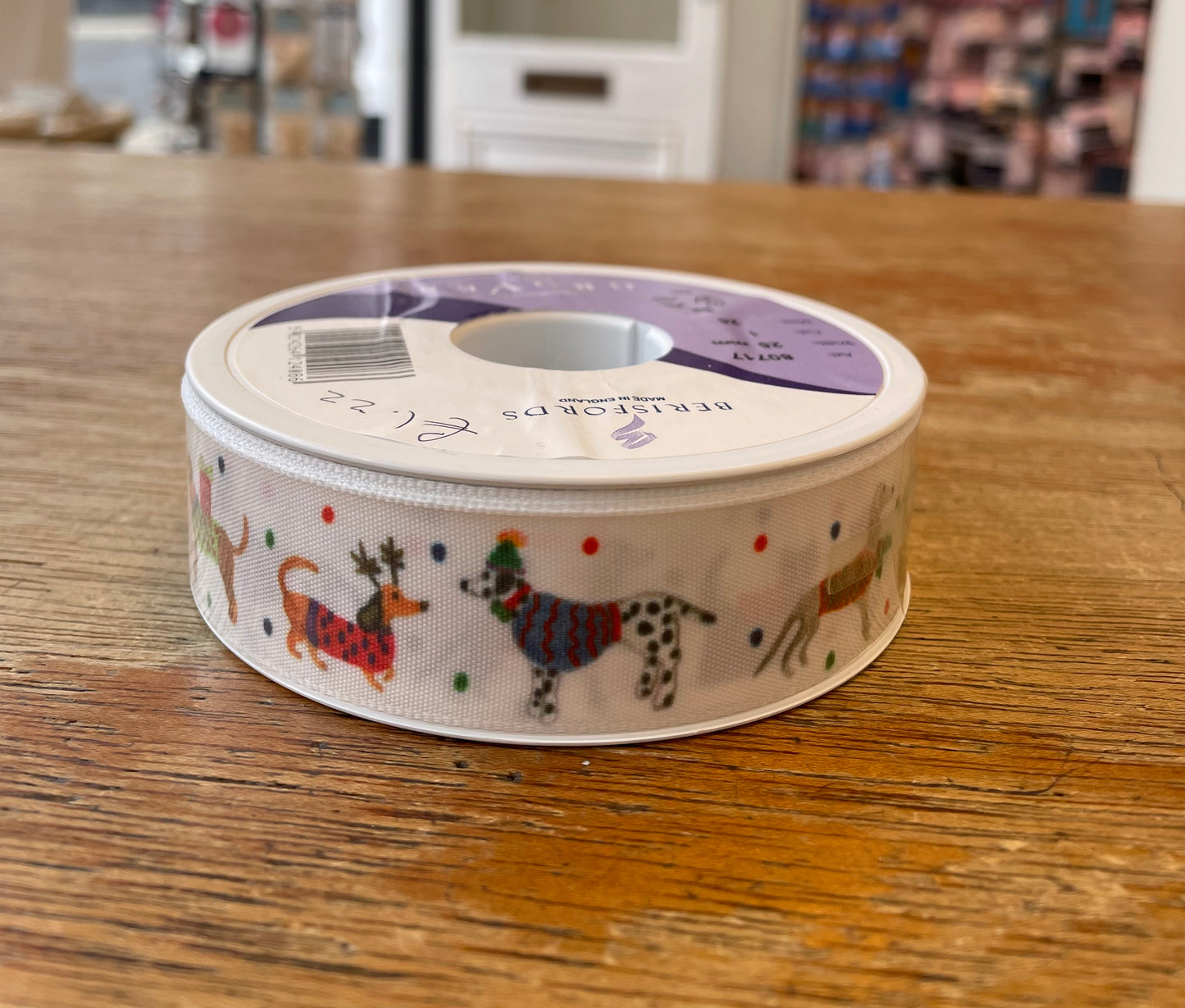 Christmas Ribbon: Jolly Dogs: White and Multi: 1 Metre