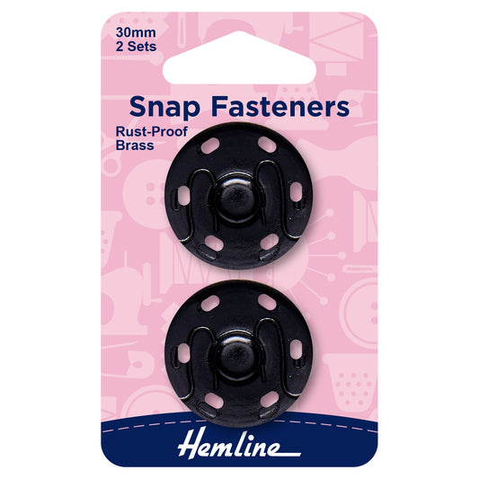 Snaps Fasteners: Sew-On: Black: 30mm: Pack of 2