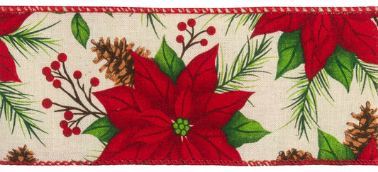 Christmas Premium Wire Edge Ribbon: Poinsettia: 1 Metre