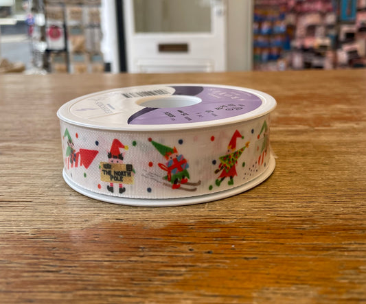 Ribbon: Santa's Elves: White and Multi: 1 Metre